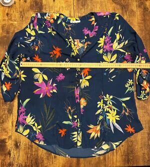 DR2 Navy Multi Womenswear Blouse with Floral Print Split Neck Button Front Long